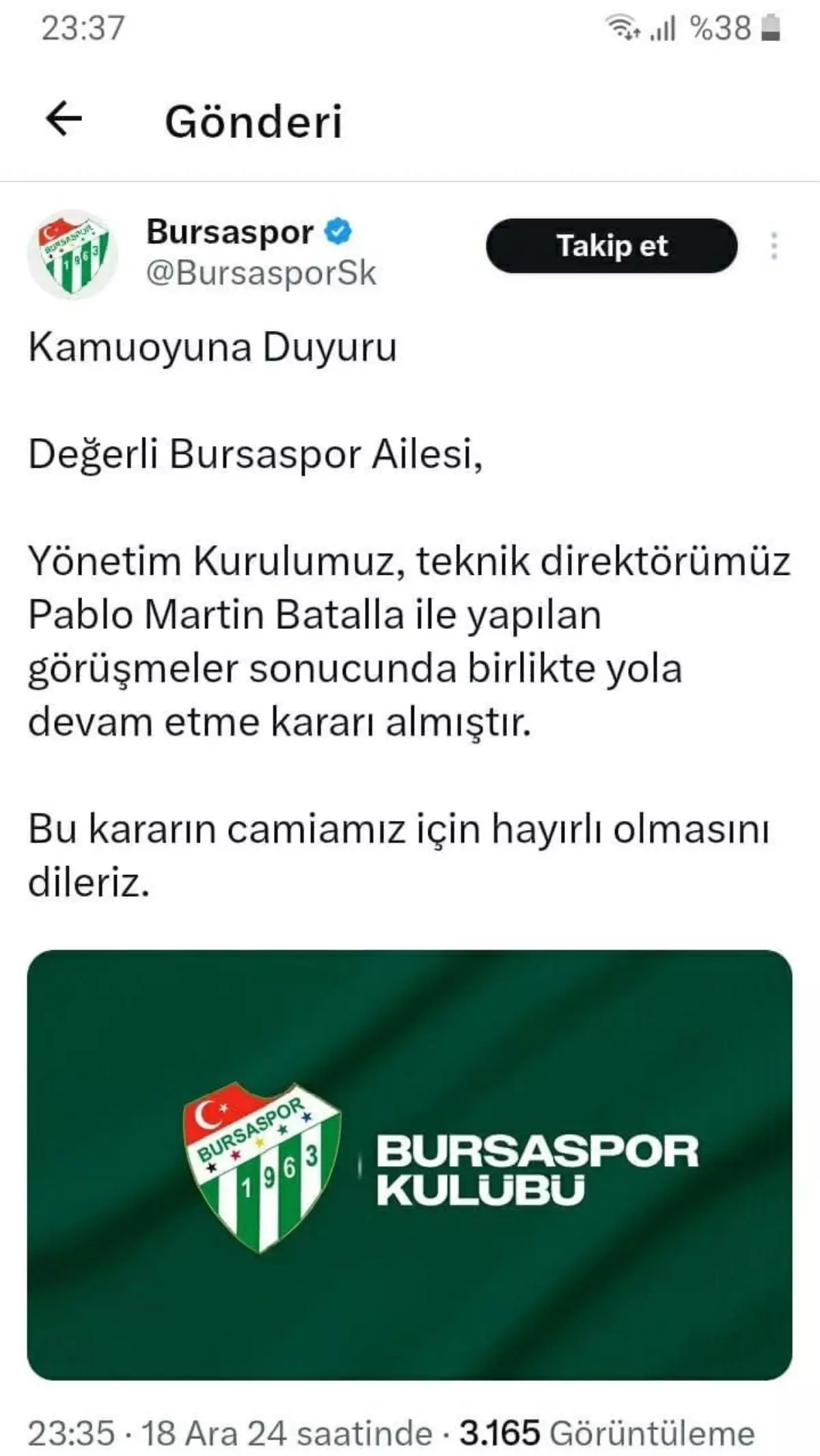 Bursaspor, Teknik Direktör Batalla ile Yola Devam Ediyor